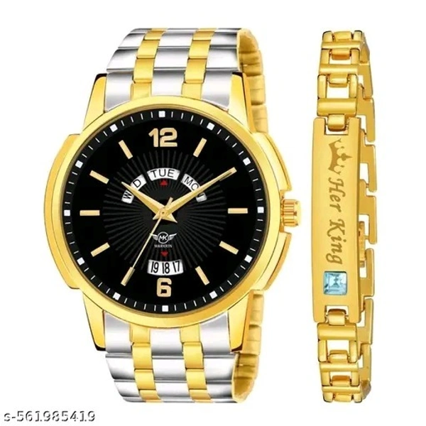 Gold Plated | Studded | 3D Cut Glass | Day and Date Analog Watch - For Men 626-GOLD-BRACELET-GOLD-DD