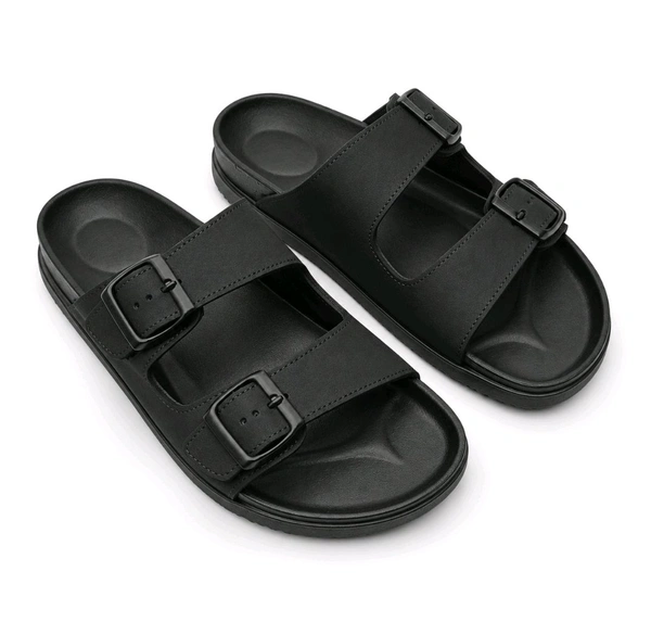 Premium Dual Buckle Slide Sandals - 6, Black