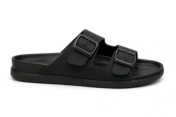 Premium Dual Buckle Slide Sandals - 6, Black