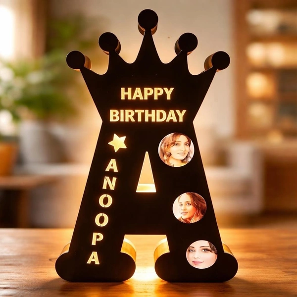 Customized Birthday LED Name Letter Lamp with Photo | Crown Design Personalized Gift