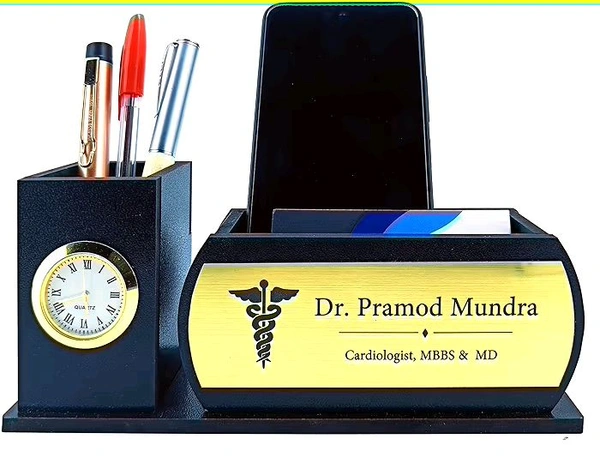 Professional Wooden Desk Organiser with Clock, 2 Compartments, Name Plate, 20.3 x 8.9 x 6.3 cm (Black)
