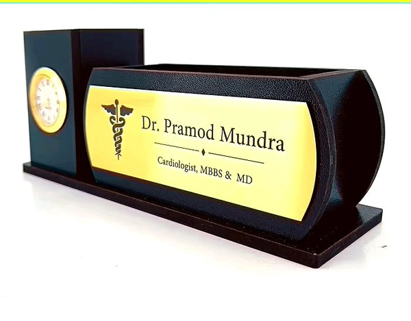 Professional Wooden Desk Organiser with Clock, 2 Compartments, Name Plate, 20.3 x 8.9 x 6.3 cm (Black)