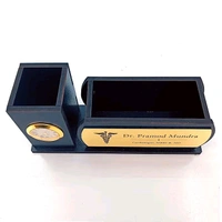 Professional Wooden Desk Organiser with Clock, 2 Compartments, Name Plate, 20.3 x 8.9 x 6.3 cm (Black)