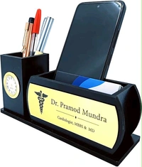 Professional Wooden Desk Organiser with Clock, 2 Compartments, Name Plate, 20.3 x 8.9 x 6.3 cm (Black)