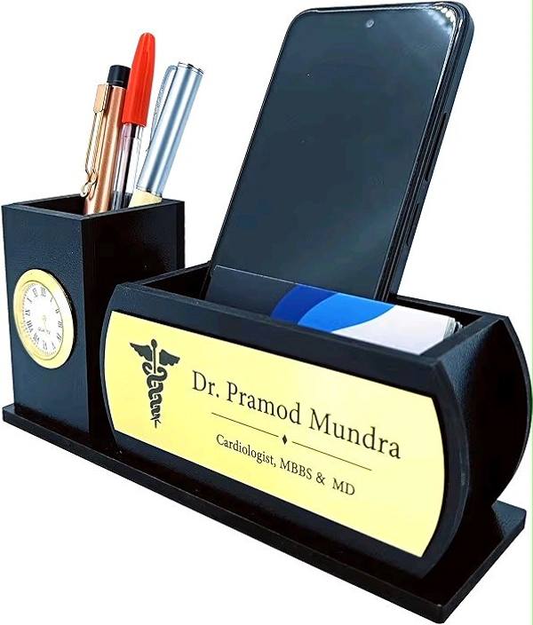 Professional Wooden Desk Organiser with Clock, 2 Compartments, Name Plate, 20.3 x 8.9 x 6.3 cm (Black)