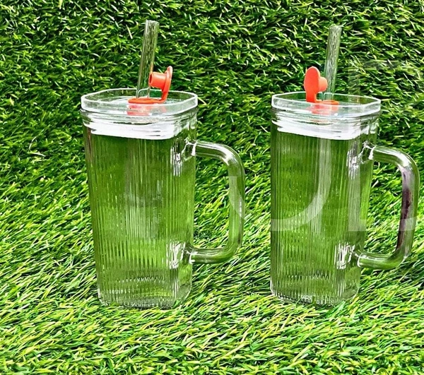 Single Clour Handle Glass Tumbler with Lid - 380ml-  Glass Sipper with Straw for Coffee Green Tea Fruit Juice Mojito Milk Cup Mug with Straw and Lid