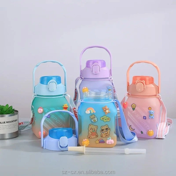 Homeoculture Cute new shape sipper bottles with straw and stickers Capacity 1500 ml Plastic BPA free Color random only