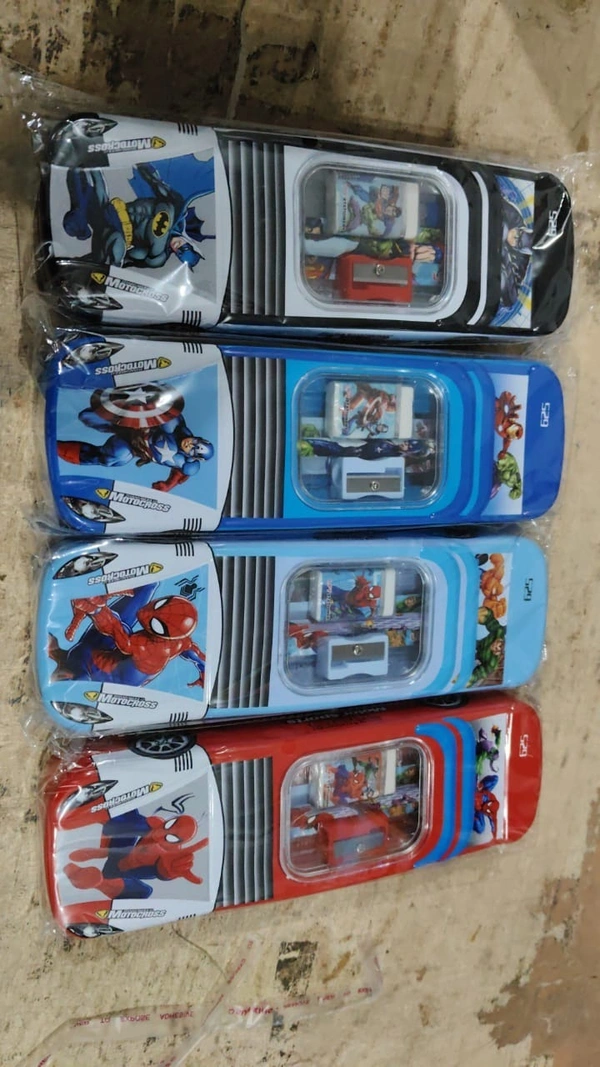 Metal geometry box with stationary included in superhero theme