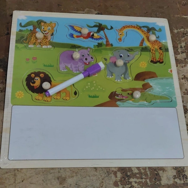 Wooden puzzle board with whiteboard on the bottom