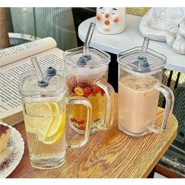 Single Clour Handle Glass Tumbler with Lid - 380ml-  Glass Sipper with Straw for Coffee Green Tea Fruit Juice Mojito Milk Cup Mug with Straw and Lid. Color random only Box packing - White