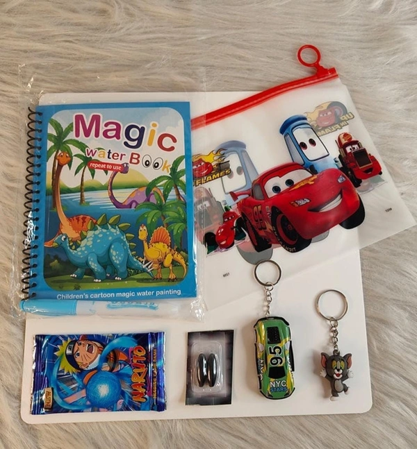Hamper for boys 1 water magic book 1 pc A5 pouch 1 card for boys Set of 2 magnets 1 car keychain 1 more keychain Random throughout