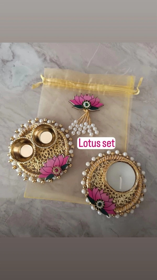 New lotus set with roli chawal and tealight platter in potli packing set Moq 6 sets