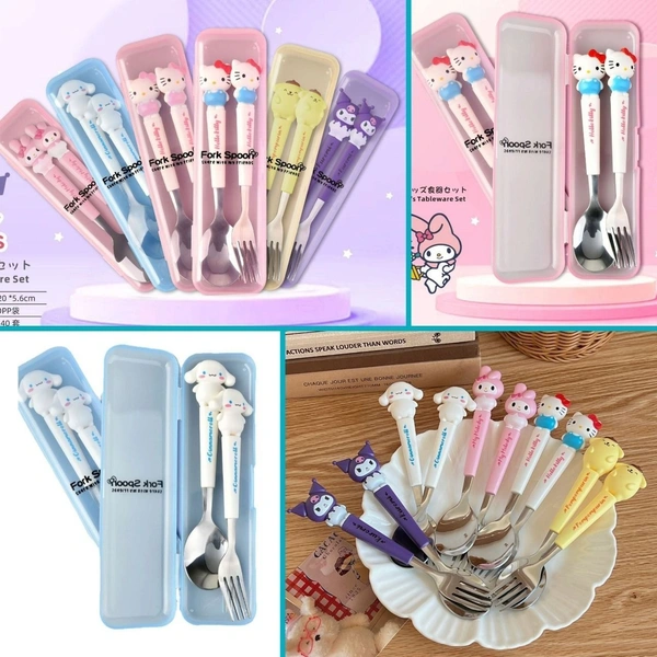 STAINLESS STEEL SANRIO FAMILY SPOON & FORK SET - PLASTIC BOX PACKING