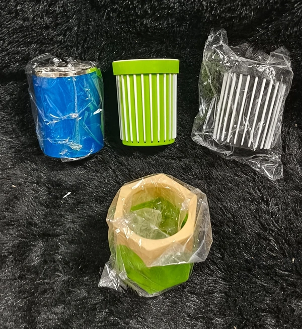 Pen stands in metal and plastic