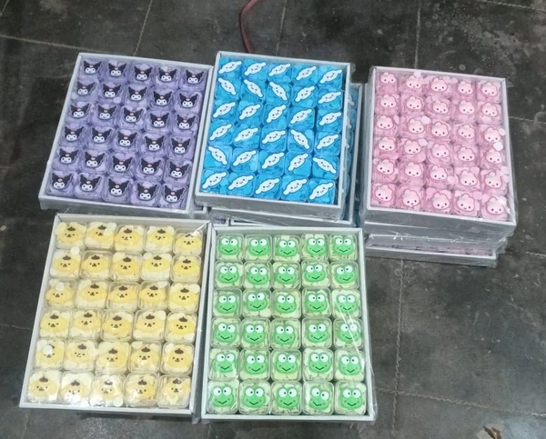 Blue, yellow and purple mini paper soap boxes