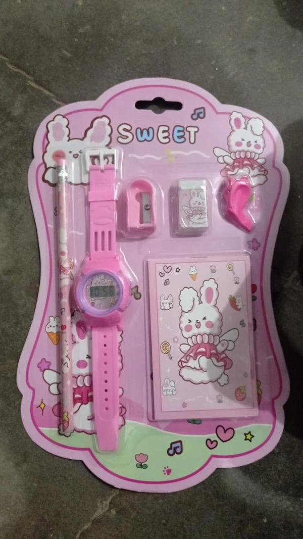 New stationery set in budget range with watch, pencil, eraser, sharpener, pencil grip and a small notepad  All real pic shared