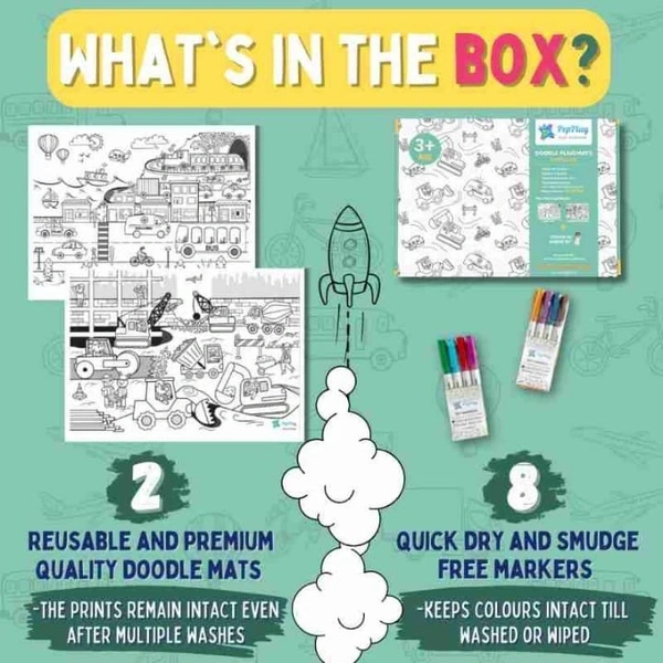 Doodle mats diy kit Reusable 2 themes available vehicle and animal Included in box are 2mats and markers. 