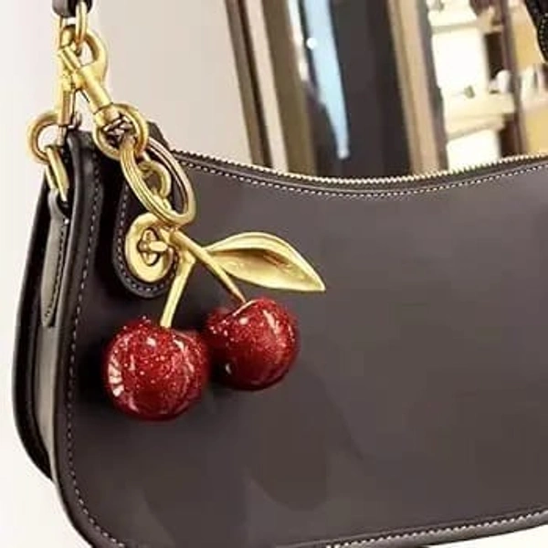 Cherry Bag Charm Cherry Keychain Charm Metal Accessory Sparkling Resin For Purses And Bags, Red