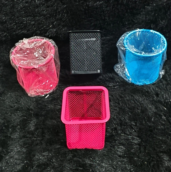 Pen stands in metal and plastic