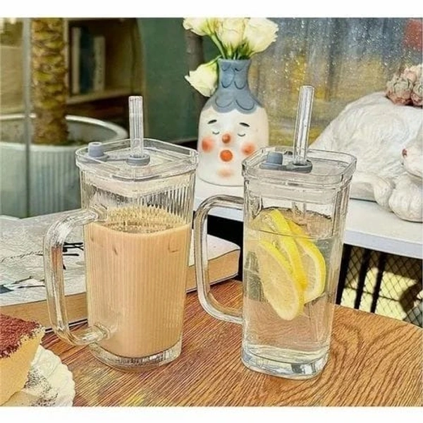 Single Clour Handle Glass Tumbler with Lid - 380ml-  Glass Sipper with Straw for Coffee Green Tea Fruit Juice Mojito Milk Cup Mug with Straw and Lid. Color random only Box packing - White