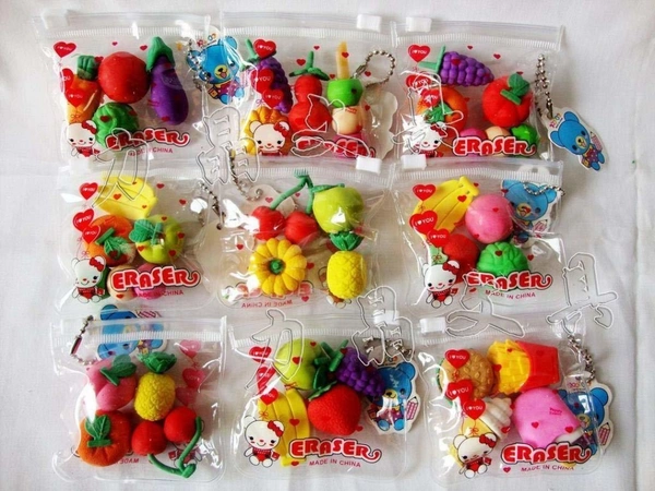 Fruit erasers in cute pouches