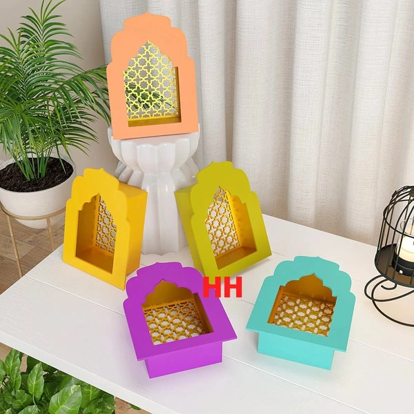 MDF Jharokha Tlight Holder 4*6 inches Pack of 5. Mix colours No choice available