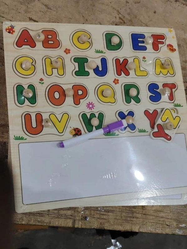 Wooden puzzle board with whiteboard on the bottom