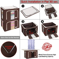 Pack of 5 pcs 66 LTR Foldable Steel Frame Cloths Zip Organizer Bag and Oxford Fabric Storage Living Cover Boxes For Wardrobe Shelves Clothes, Sarees, Bed Sheet, Blanket