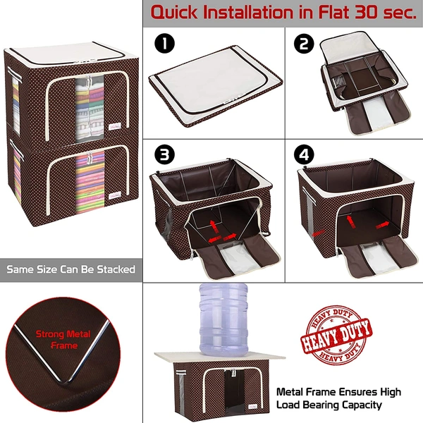 Pack of 5 pcs 66 LTR Foldable Steel Frame Cloths Zip Organizer Bag and Oxford Fabric Storage Living Cover Boxes For Wardrobe Shelves Clothes, Sarees, Bed Sheet, Blanket