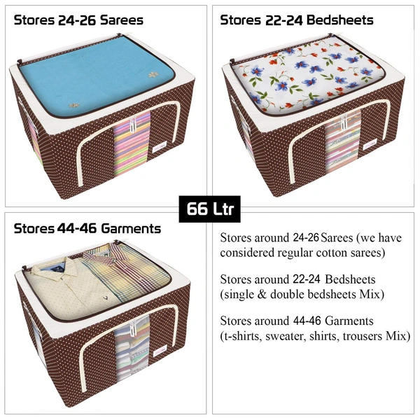 Pack of 5 pcs 66 LTR Foldable Steel Frame Cloths Zip Organizer Bag and Oxford Fabric Storage Living Cover Boxes For Wardrobe Shelves Clothes, Sarees, Bed Sheet, Blanket