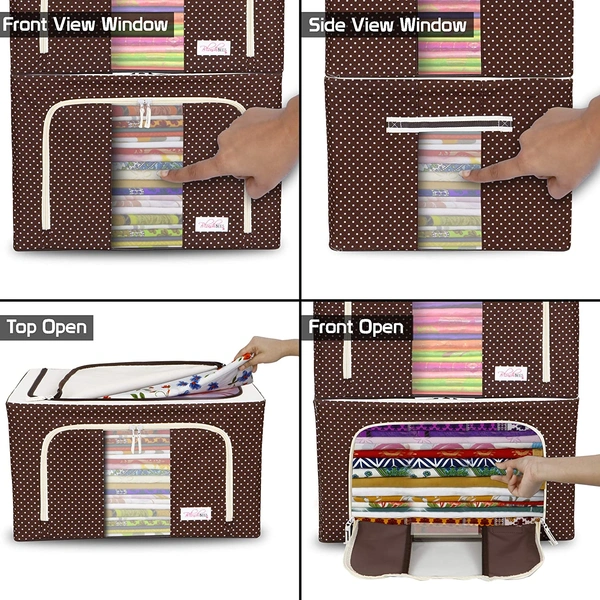 Pack of 5 pcs 66 LTR Foldable Steel Frame Cloths Zip Organizer Bag and Oxford Fabric Storage Living Cover Boxes For Wardrobe Shelves Clothes, Sarees, Bed Sheet, Blanket