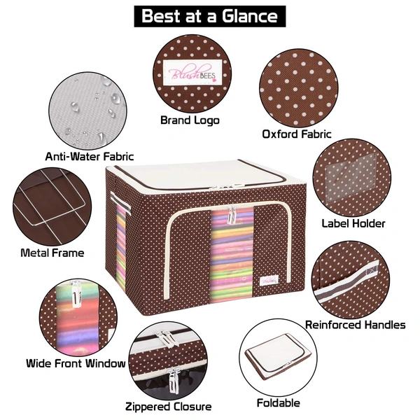 Pack of 5 pcs 66 LTR Foldable Steel Frame Cloths Zip Organizer Bag and Oxford Fabric Storage Living Cover Boxes For Wardrobe Shelves Clothes, Sarees, Bed Sheet, Blanket