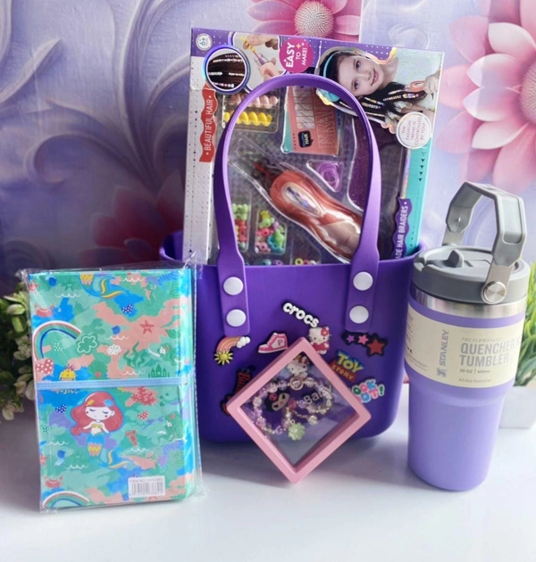 Princess combo Crocs bag with charms 18 cms  1 scratch coloring book girls theme 1 girls bracelet in a box 1 pc non stanley mini cup (890 ml) 1 hair breader set. Color random throughout
