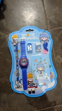 New stationery set in budget range with watch, pencil, eraser, sharpener, pencil grip and a small notepad  All real pic shared