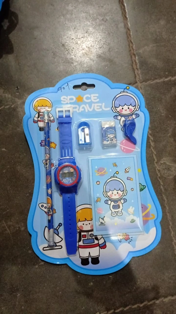 New stationery set in budget range with watch, pencil, eraser, sharpener, pencil grip and a small notepad  All real pic shared