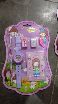 New stationery set in budget range with watch, pencil, eraser, sharpener, pencil grip and a small notepad  All real pic shared