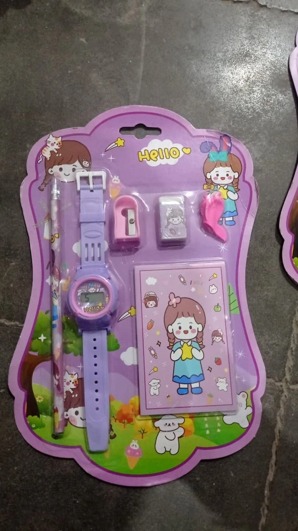 New stationery set in budget range with watch, pencil, eraser, sharpener, pencil grip and a small notepad  All real pic shared