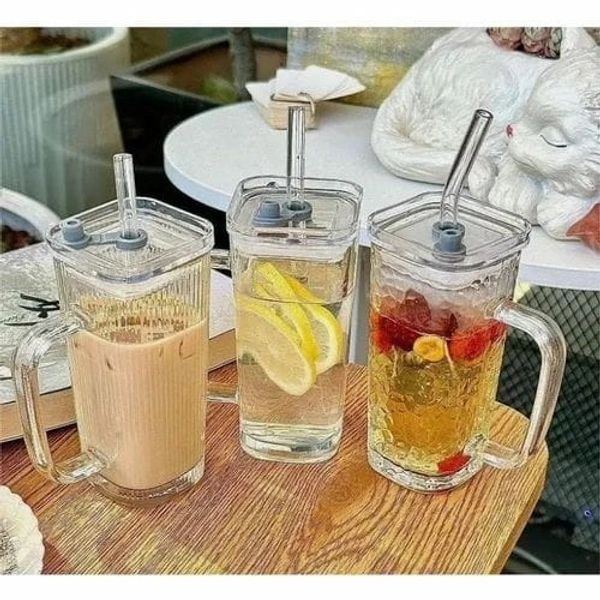 Single Clour Handle Glass Tumbler with Lid - 380ml-  Glass Sipper with Straw for Coffee Green Tea Fruit Juice Mojito Milk Cup Mug with Straw and Lid. Color random only Box packing - White