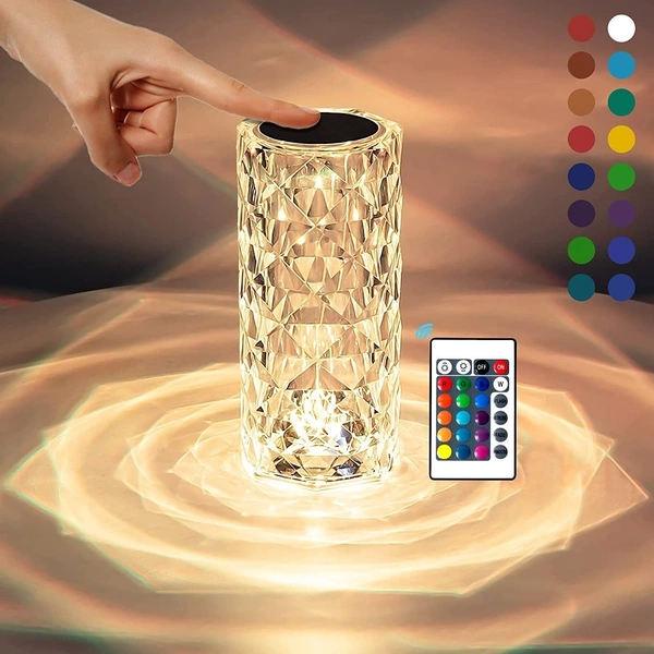 Crystal Lamp, 16 Color Changing Rose Diamond Table Lamp, USB Rechargeable Touch Night Lamp with Remote Control for Bedroom