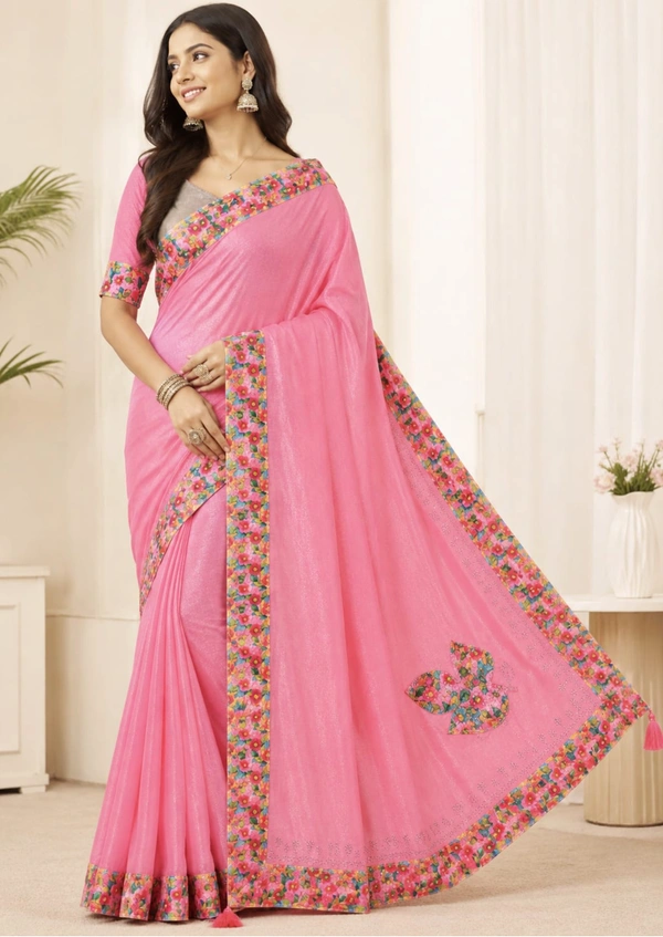 Designer Soft Net Saree with Floral Border and Shining Stone work