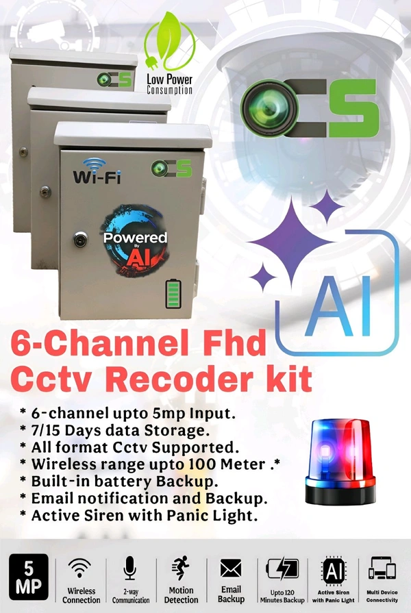 Ocs Fhd 5mp 6ch AI XVR Kit | 4 Ch Dvr |500GB HDD | Dc Ups | Siren With Panic Light