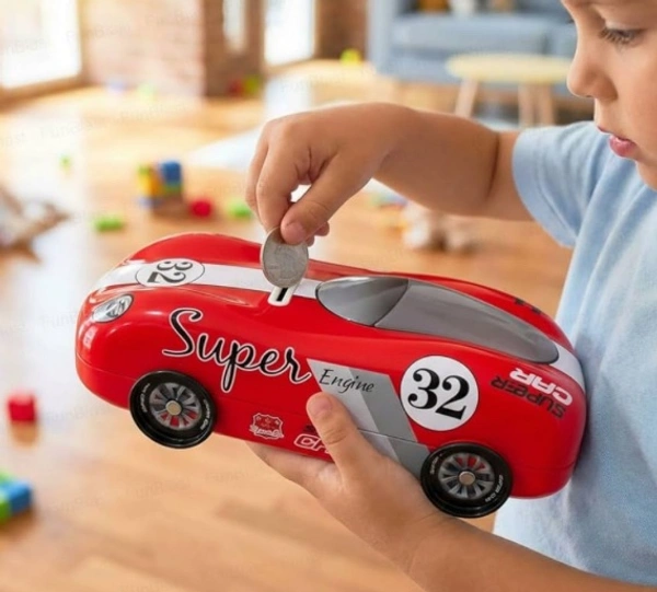 FunBlast Piggy Bank - Super Car Coin Box with Password Lock & Moving Wheel for Kids, Money Saving Metal Piggy Bank for Kids, Coin Box for Kid, Money Bank (Red)