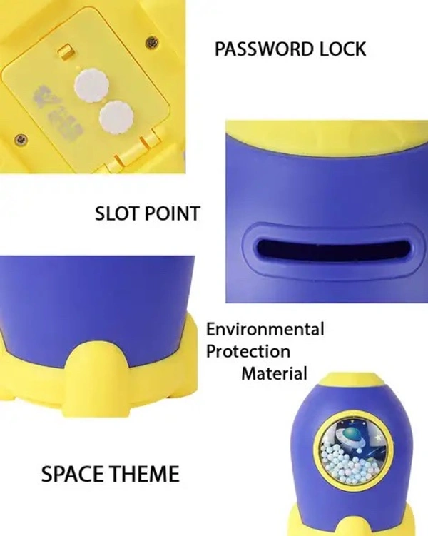 Asera 1 Pcs Space Theme Rocket Shape Gullak Money Bank with Number Code Lock | Secure Piggy Bank for Kids & Adults | Unique Coin Savings Box | Ideal Gift with Password Protection (Yellow)