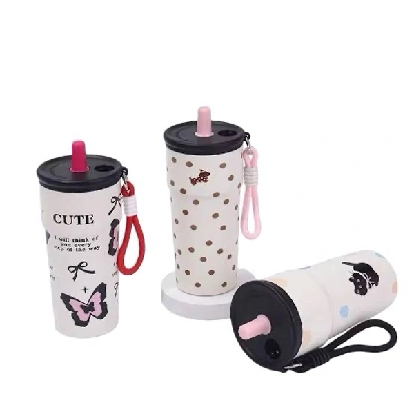 Cute Cartoon Straw Cup With Carrying Strap