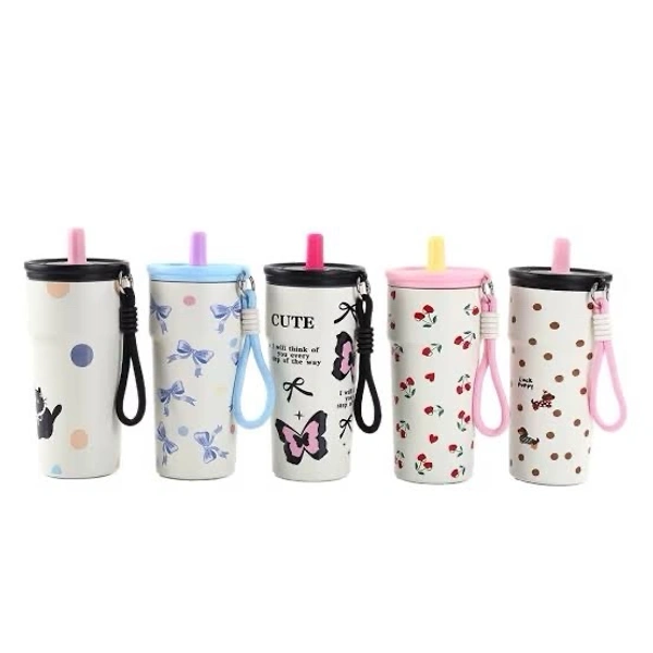 Cute Cartoon Straw Cup With Carrying Strap
