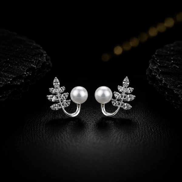 Silver Leaf With Pearl Earrings 