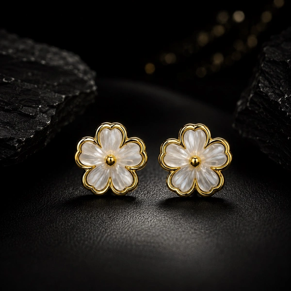 White Flower With Golden Border Earrings 