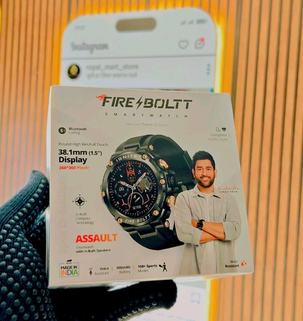 Fire-Boltt Assault Rugged Smartwatch - 1.5" HD Display, Bluetooth Calling, 600mAh Battery, Compass, Heart Rate & SpO2 Monitoring, 7-10 Days Battery Life, Heavy Metal Sports Design - GOLD