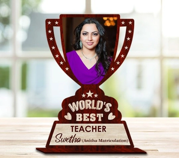 Personalized Worlds's best teacher Award Shape Wooden Photo Frame with Print - 6x9, Birthday Gift