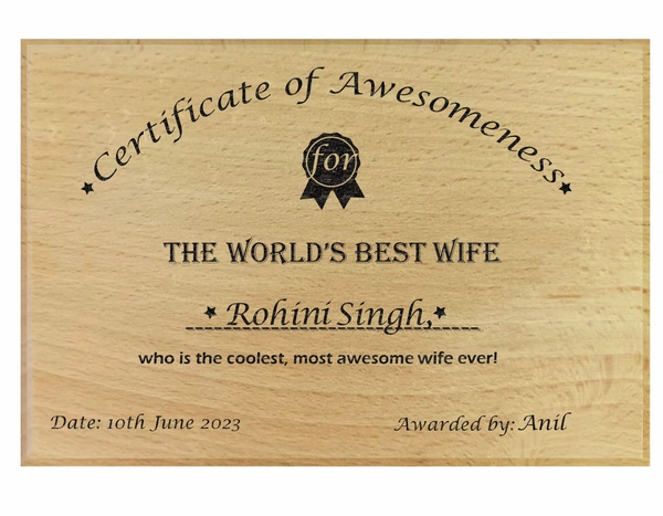 Achchha Gift Wooden Best husband, best wife certificate / award for gift, valantine's day or anniversary gift for wife and husband - 8x6 inch, Wife
